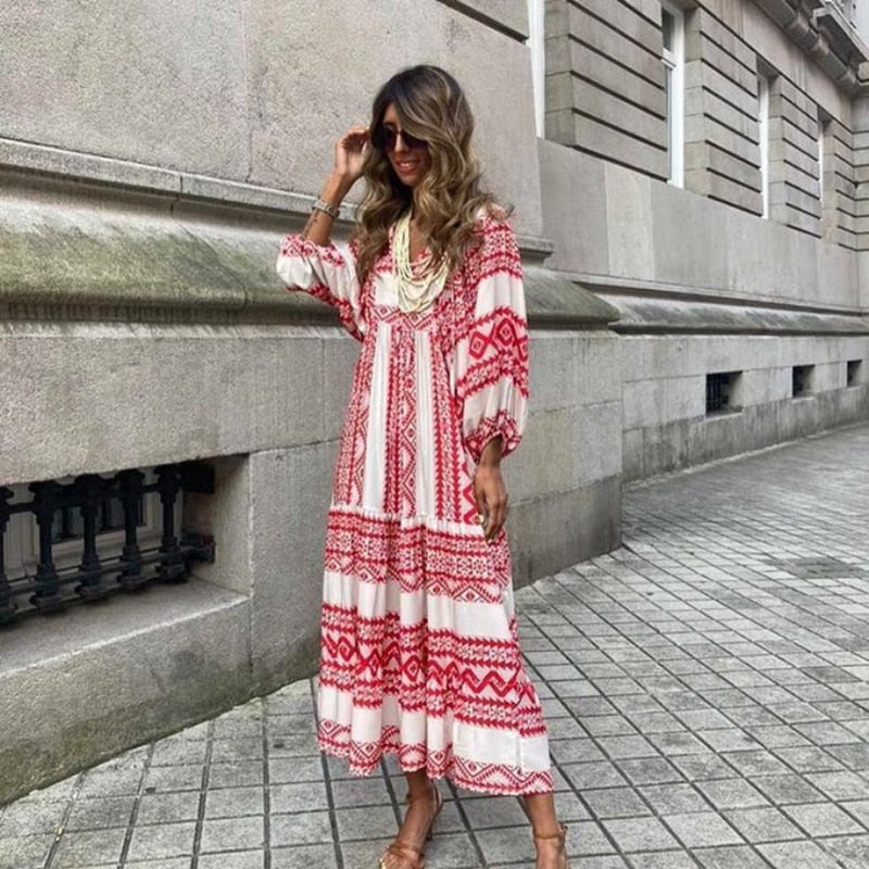 Puff Sleeve Boho Maxi Dress Elegant Women Summer  Casual Floral Drawstring V-Neck Loose Holiday Beach Dresses Party Vestidos