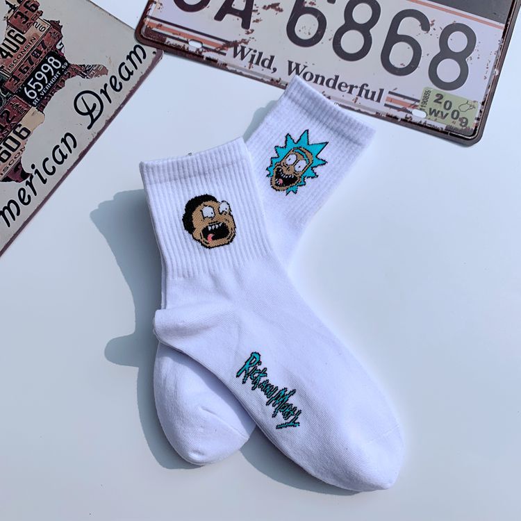 Anime Rick Socks Men's Funny Cartoon Mid-calf Men and Women Street Letters Hip-hop Sports Skateboarding Cute White Socks