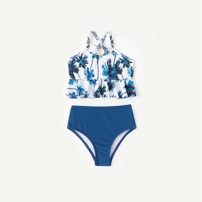 PalmTree Mother Daughter Matching Swimsuits Family Set Ruffled Mommy and Me Dresses Clothes HighWaist Women Girls Swimwear 2023