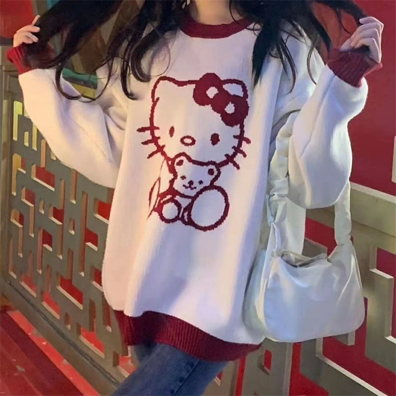 Kawaii Sanriod Anime Series Kitty Cute Pullover Sweater Jk Autumn Winter The New Sweater Tie Feet Trousers Girls Holiday Gift