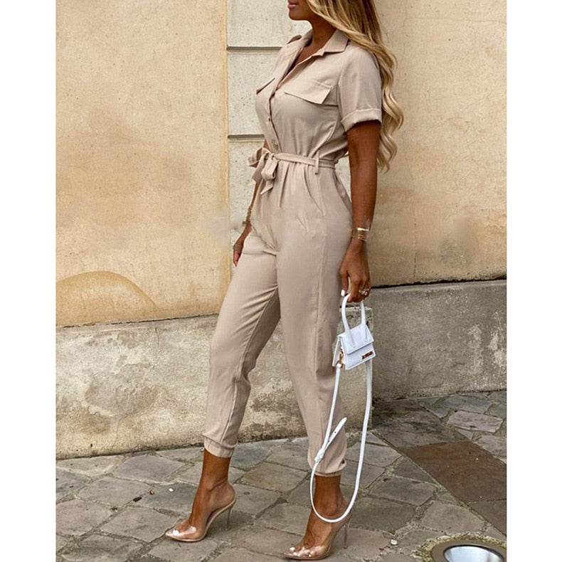 Overalls for Women New Casual Lapel Lace-up Print Belt Work Jumpsuit Women One Pieces Bodysuit Women Chic and Elegant Jumpsuits