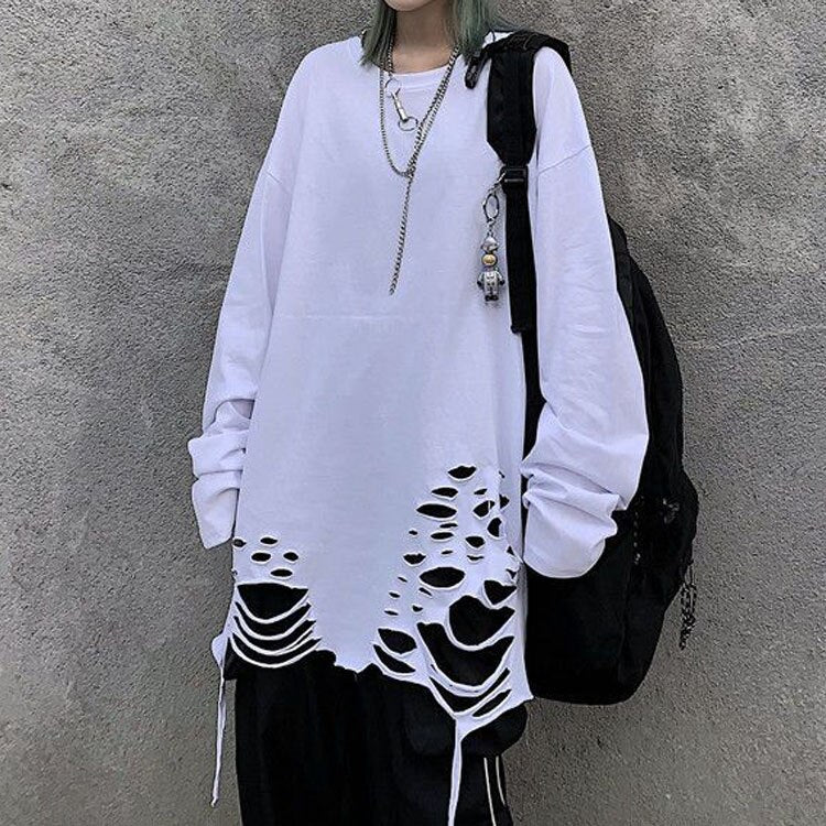 Harajuku Women Alt Emo Tshirts Oversized Long Sleeve E Girl Pullovers Hip Hop Punk Streetwear Tees Black Loose T-Shirt Clothes