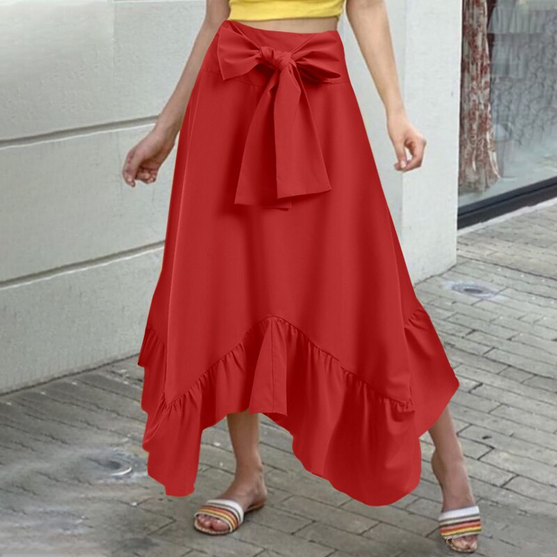 Summer Women Fishtail Skirts Fashion Party Maxi Skirt Celmia Summer High Waist Belted Casual Loose Asymmetrical Ruffles Skirts