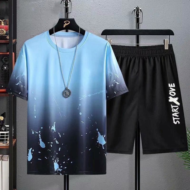 Men's Suit Gradient Summer Short Sleeve T-Shirt Set Fashion 2 Piece Streetwear 3D Printed Sports Beach Shorts Sportswear Men's