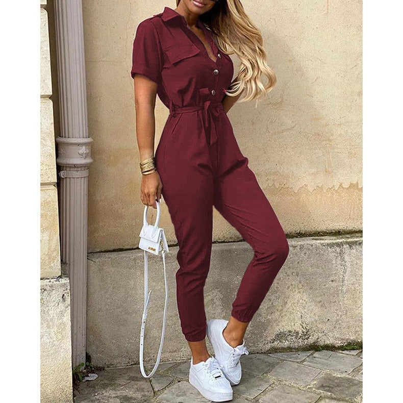 Overalls for Women New Casual Lapel Lace-up Print Belt Work Jumpsuit Women One Pieces Bodysuit Women Chic and Elegant Jumpsuits