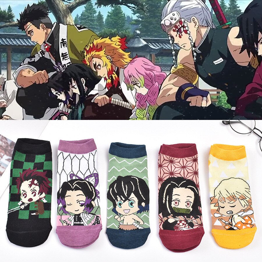 5 Pairs of New Anime Cartoon Ghost Slayer Socks Spring and Autumn Shallow Mouth Boat Socks Japanese Anime Foreign Trade Peripher