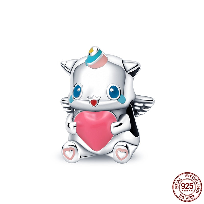 Hot Sale Charms Fit Pandora 925 Original Bracelet 925 Silver Owl With Blue Zircon Red Heart Charms Beads Fine DIY Jewelry Making