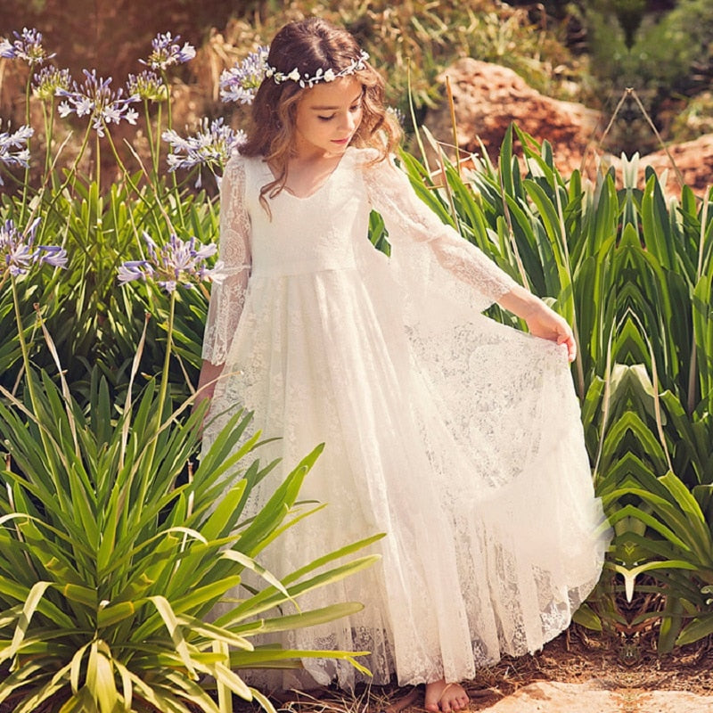 Princess Girls Lace Chiffon Long Dresses Kids Flower Girl Wedding Dress Summer Boho Birthday Party Wedding Dress For 2-14 Years