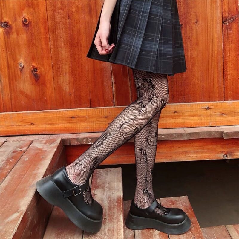 Cute Japanese Hello Kitty Fishing Net Socks Black Silk Stockings Women's Thin Spring and Autumn Anti-hook Silk Bottom Pantyhose