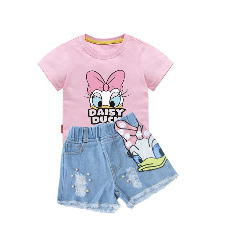 Disney Girls Outfits Cartoon Donald Duck Sets Printed Summer Shirt Broken Hole Denim Shorts Girl Clothing Set Children Clothes