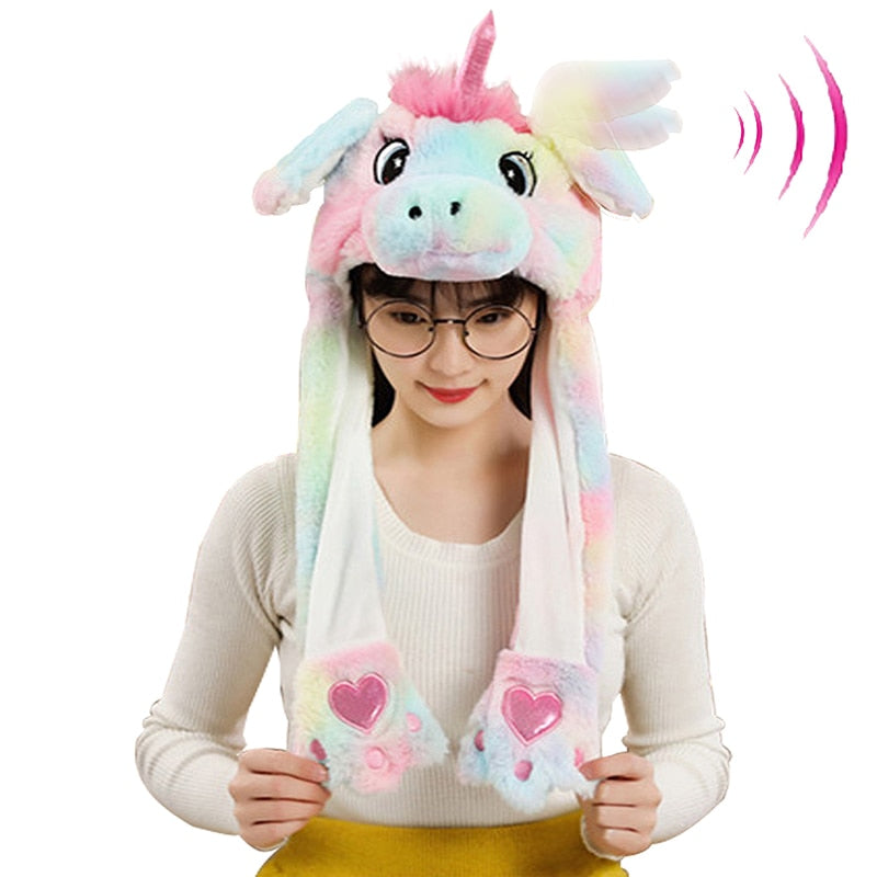 Cute Bunny Ears Hat Moving Pikachu Rabbit Soft Jumping Up Cap Funny Toy Girls Cartoon Kawaii Plush Hat Toys Gift for Adult Kids