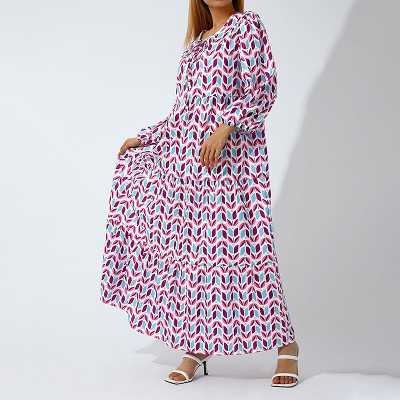 Puff Sleeve Boho Maxi Dress Elegant Women Summer  Casual Floral Drawstring V-Neck Loose Holiday Beach Dresses Party Vestidos