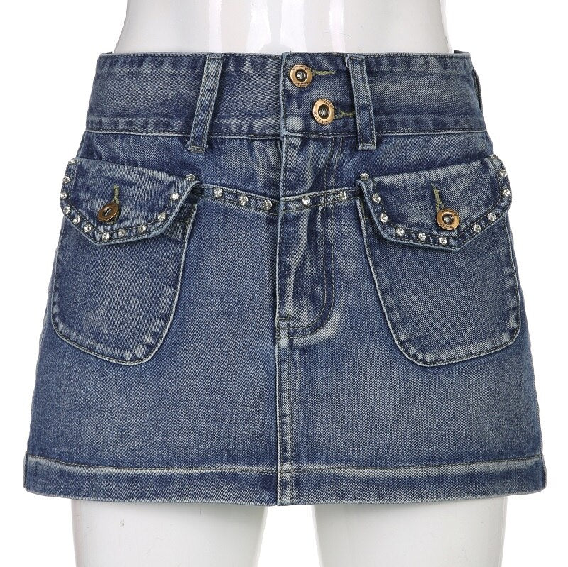 Vintage Diamonds Denim Mini Skirts Y2K Aesthetic Kawaii Low Rise Skinny Wrap Bodycon Jeans Penceil Skirt Women Streetwear