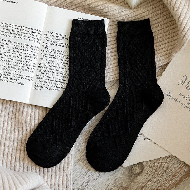 Winter Cashmere Wool Woman Socks Solid Japanese Style Harajuku Retro Long Socks Women Girls Thermal Streetwear Crew Sock