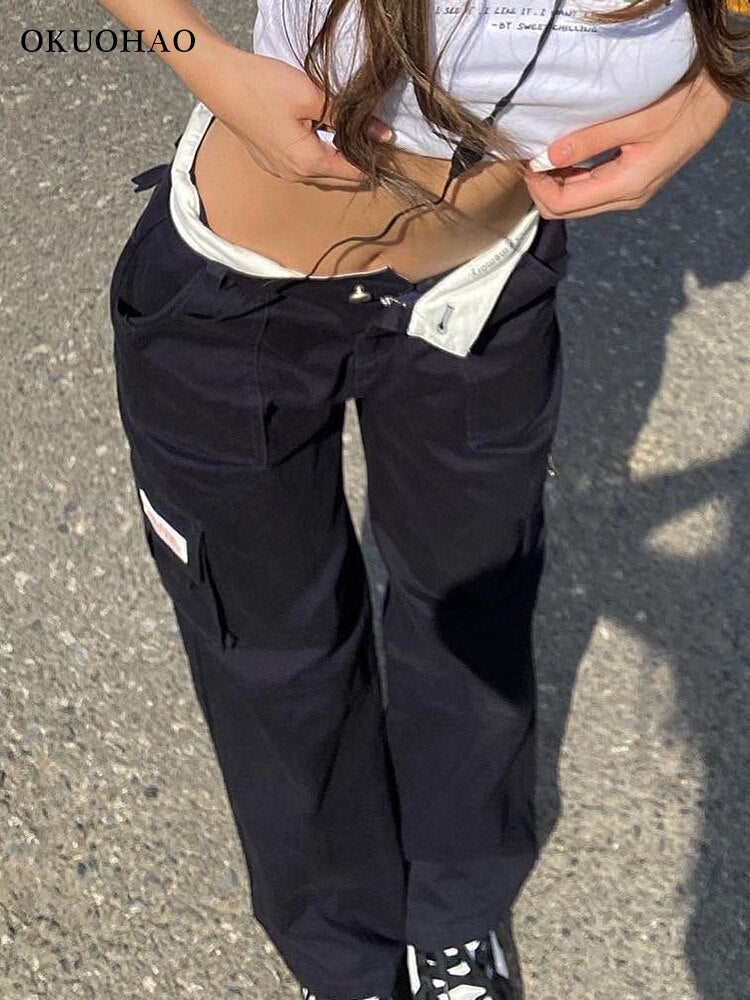 Casual Cargo Pants Women Straight High Waist Baggy Pants Fashion Slim Cotton Black Wide Leg Work Trousers Comfy Y2k Streetwear