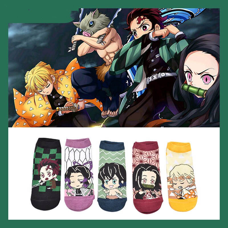 5 Pairs of New Anime Cartoon Ghost Slayer Socks Spring and Autumn Shallow Mouth Boat Socks Japanese Anime Foreign Trade Peripher