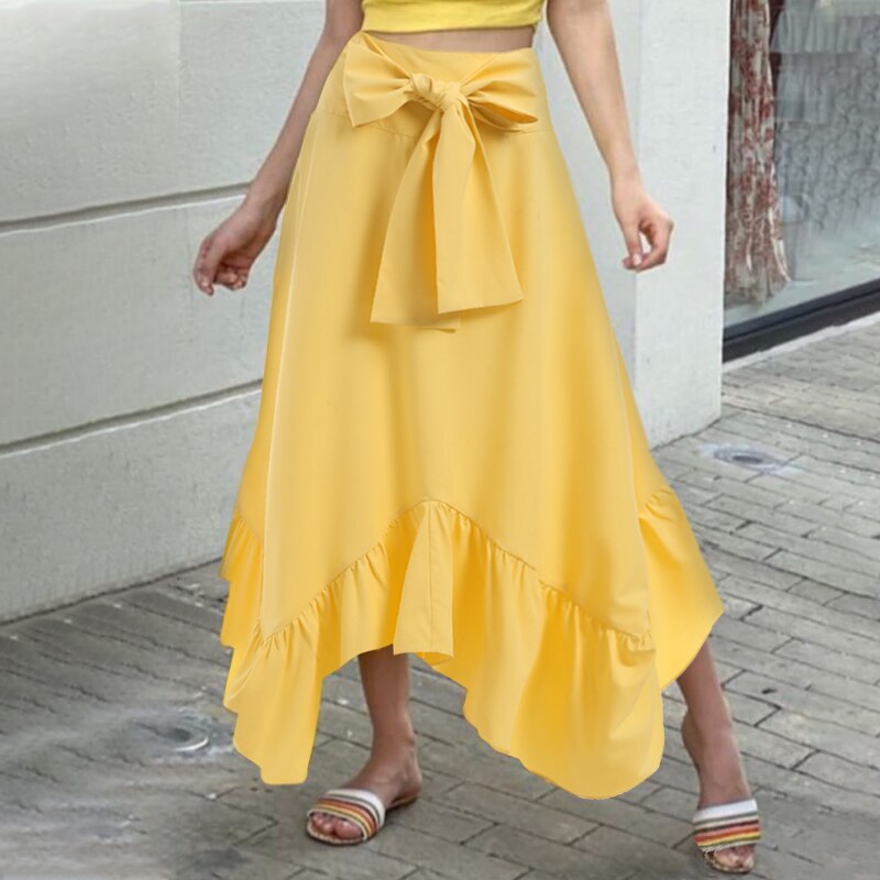 Summer Women Fishtail Skirts Fashion Party Maxi Skirt Celmia Summer High Waist Belted Casual Loose Asymmetrical Ruffles Skirts