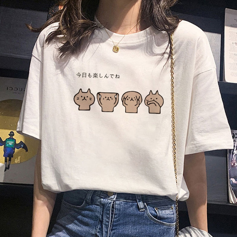 Kawaii Sanrioed Short Sleeve Kuromi Cinnamoroll My Melody Cute Cartoon Cotton Short Sleeve T-Shirt White Loose Top Gift