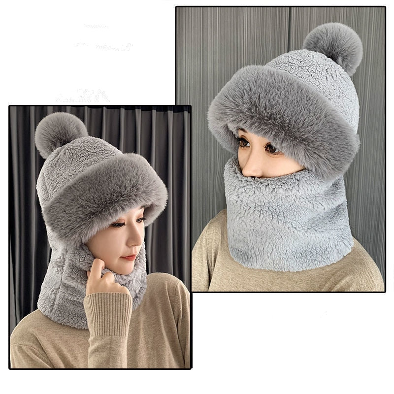 Winter Beanie Scarf Set Hooded for Women Fur Cashmere Neck Warm Russia Outdoor Ski Windproof Hat Thick Plush Fluffy Beanies
