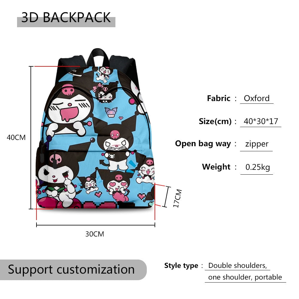 Sanrio Kulomi 3d Printed Backpack Boys Girls School Bag Teenager School Backpacks Women Men Bookbag College Fashion Backpack
