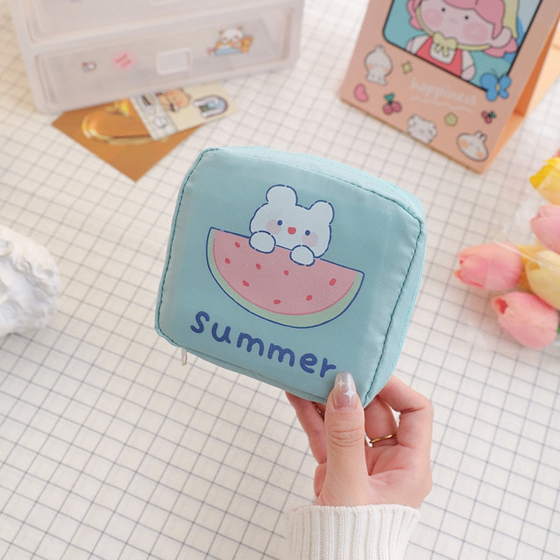 Women Girls Kawaii Cosmetic Makeup Tampon Bear Napkin Pouch Storage Bag Coin Purse Sanitary Pads Bag Mini Data Cables Organizer