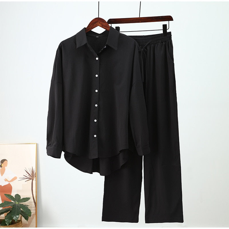 Holiday Wide Leg Pants Set Two Piece Set Women Vintage Boho Maxi Shirt Autumn Casual Loose Work Streetwear