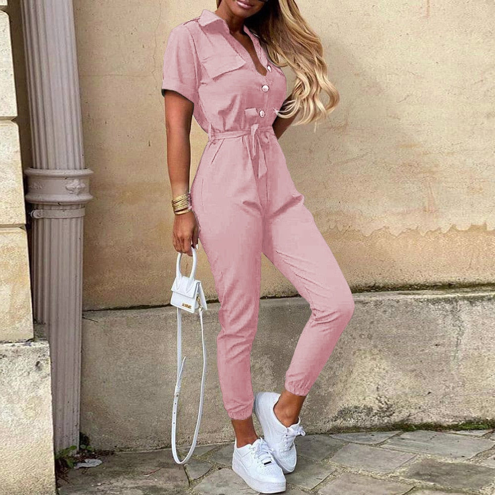 Overalls for Women New Casual Lapel Lace-up Print Belt Work Jumpsuit Women One Pieces Bodysuit Women Chic and Elegant Jumpsuits