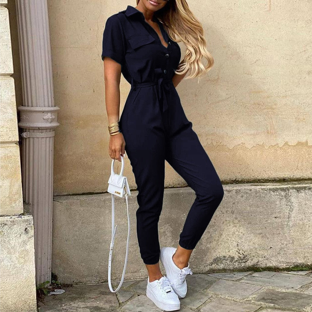 Overalls for Women New Casual Lapel Lace-up Print Belt Work Jumpsuit Women One Pieces Bodysuit Women Chic and Elegant Jumpsuits