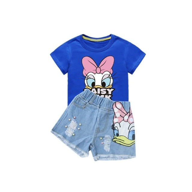 Disney Girls Outfits Cartoon Donald Duck Sets Printed Summer Shirt Broken Hole Denim Shorts Girl Clothing Set Children Clothes