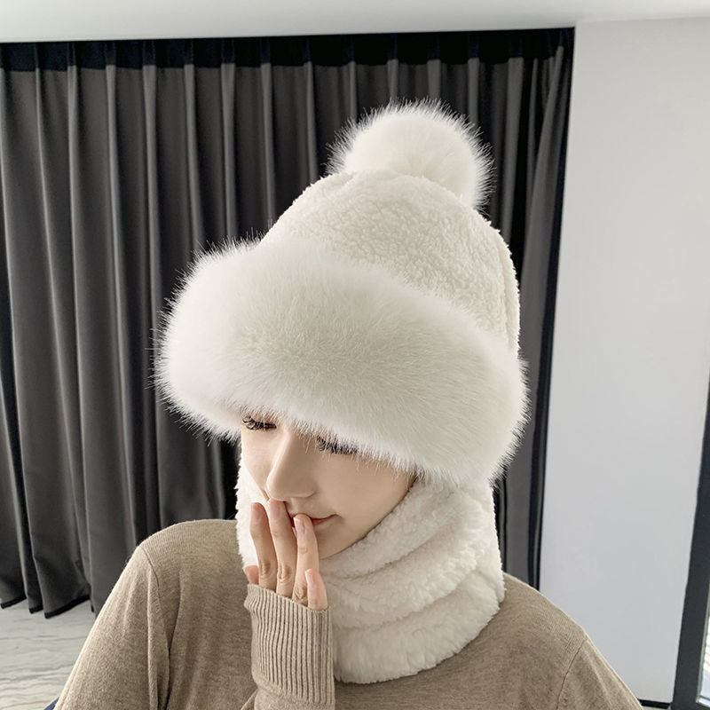 Winter Beanie Scarf Set Hooded for Women Fur Cashmere Neck Warm Russia Outdoor Ski Windproof Hat Thick Plush Fluffy Beanies