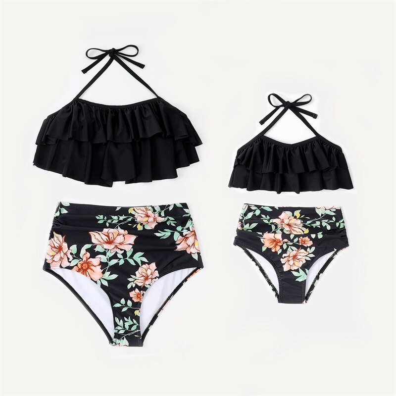 PalmTree Mother Daughter Matching Swimsuits Family Set Ruffled Mommy and Me Dresses Clothes HighWaist Women Girls Swimwear 2023