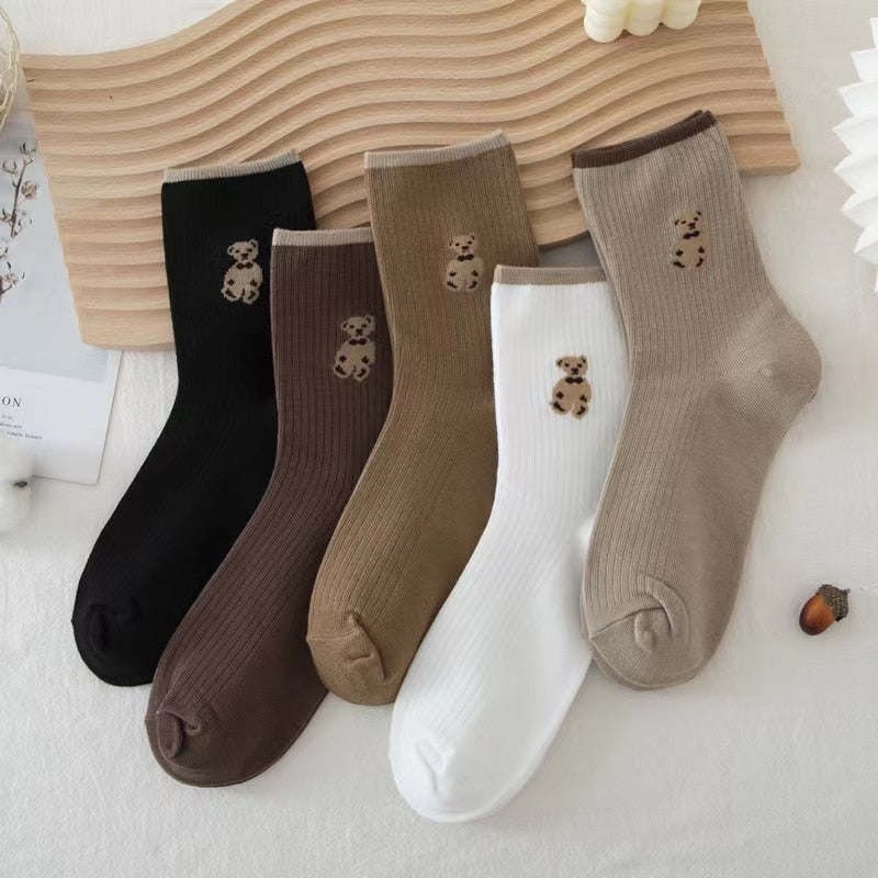 5 Pairs Pack Women Socks Girl Cartoon Bar Bear Lovely Happy Funny Smile Cute Kawaii Boat Ankle Short Cotton
