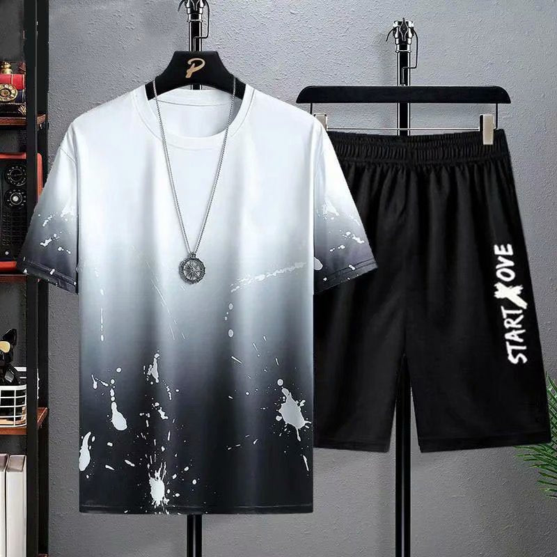 Men's Suit Gradient Summer Short Sleeve T-Shirt Set Fashion 2 Piece Streetwear 3D Printed Sports Beach Shorts Sportswear Men's