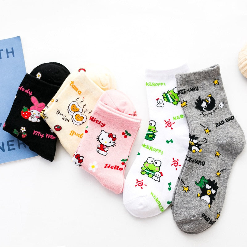 Kawaii Sanrio Women's Socks Cartoon Hello Kitty My Melody Harajuku Mid-tube Cotton Sports Breathable Student Sock Christmas Gift