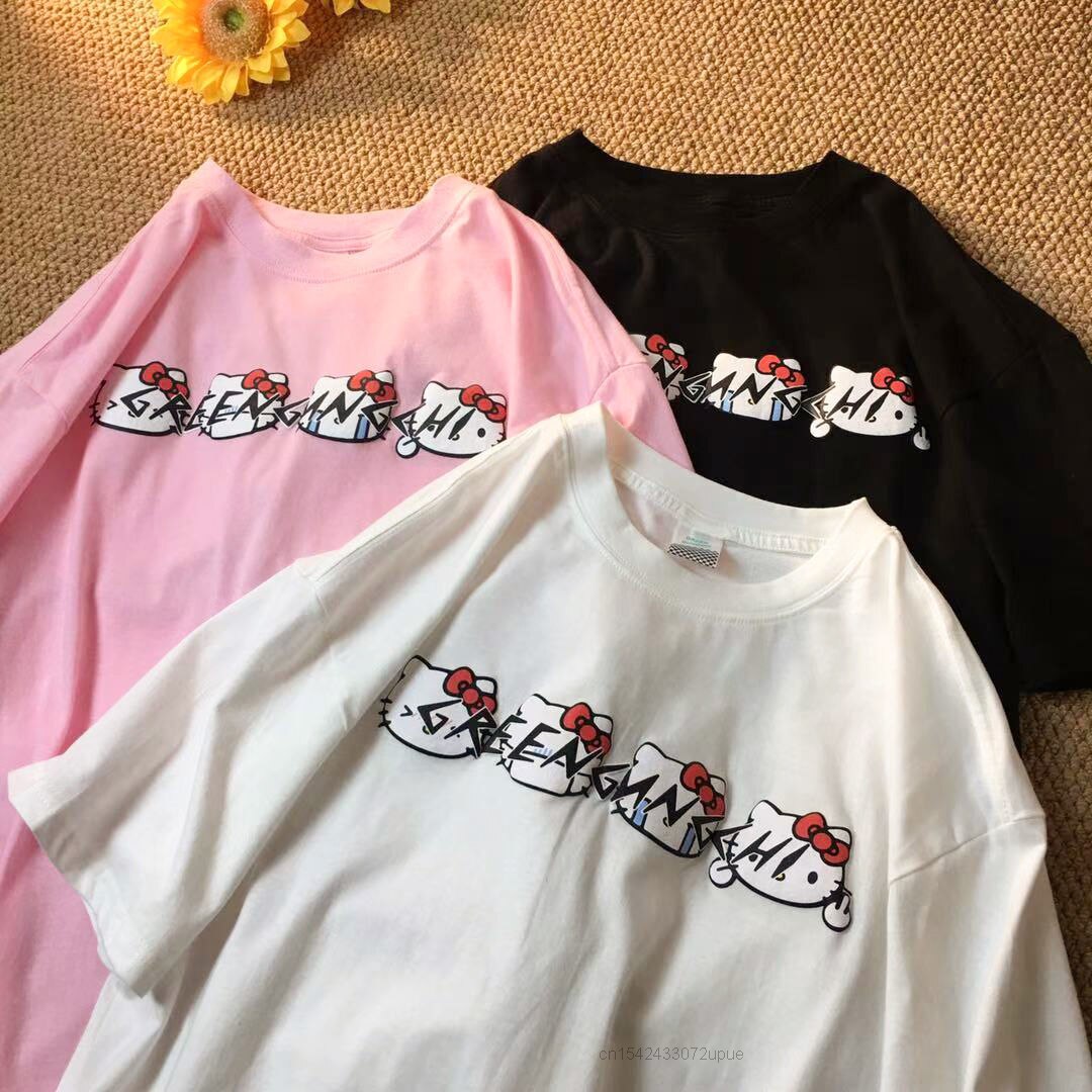 Sanrio Summer New Short Sleeve Oversize Tshirt Top Female Hello Kitty Cartoon Aesthetic Japanese Style Kawaii Clothing For Women