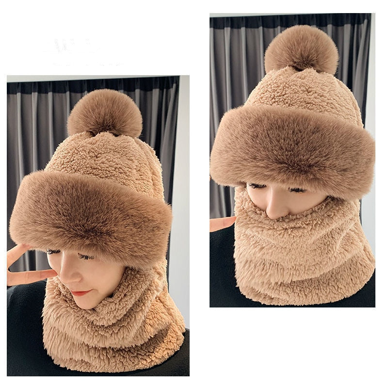 Winter Beanie Scarf Set Hooded for Women Fur Cashmere Neck Warm Russia Outdoor Ski Windproof Hat Thick Plush Fluffy Beanies