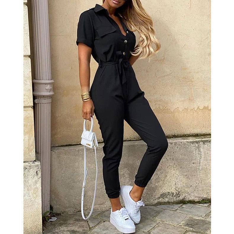 Overalls for Women New Casual Lapel Lace-up Print Belt Work Jumpsuit Women One Pieces Bodysuit Women Chic and Elegant Jumpsuits