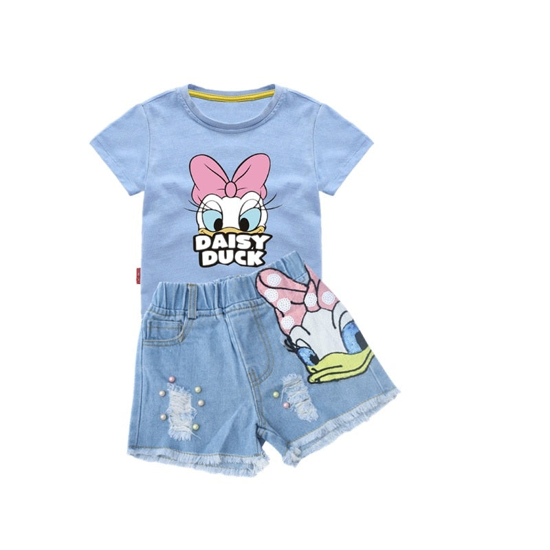 Disney Girls Outfits Cartoon Donald Duck Sets Printed Summer Shirt Broken Hole Denim Shorts Girl Clothing Set Children Clothes