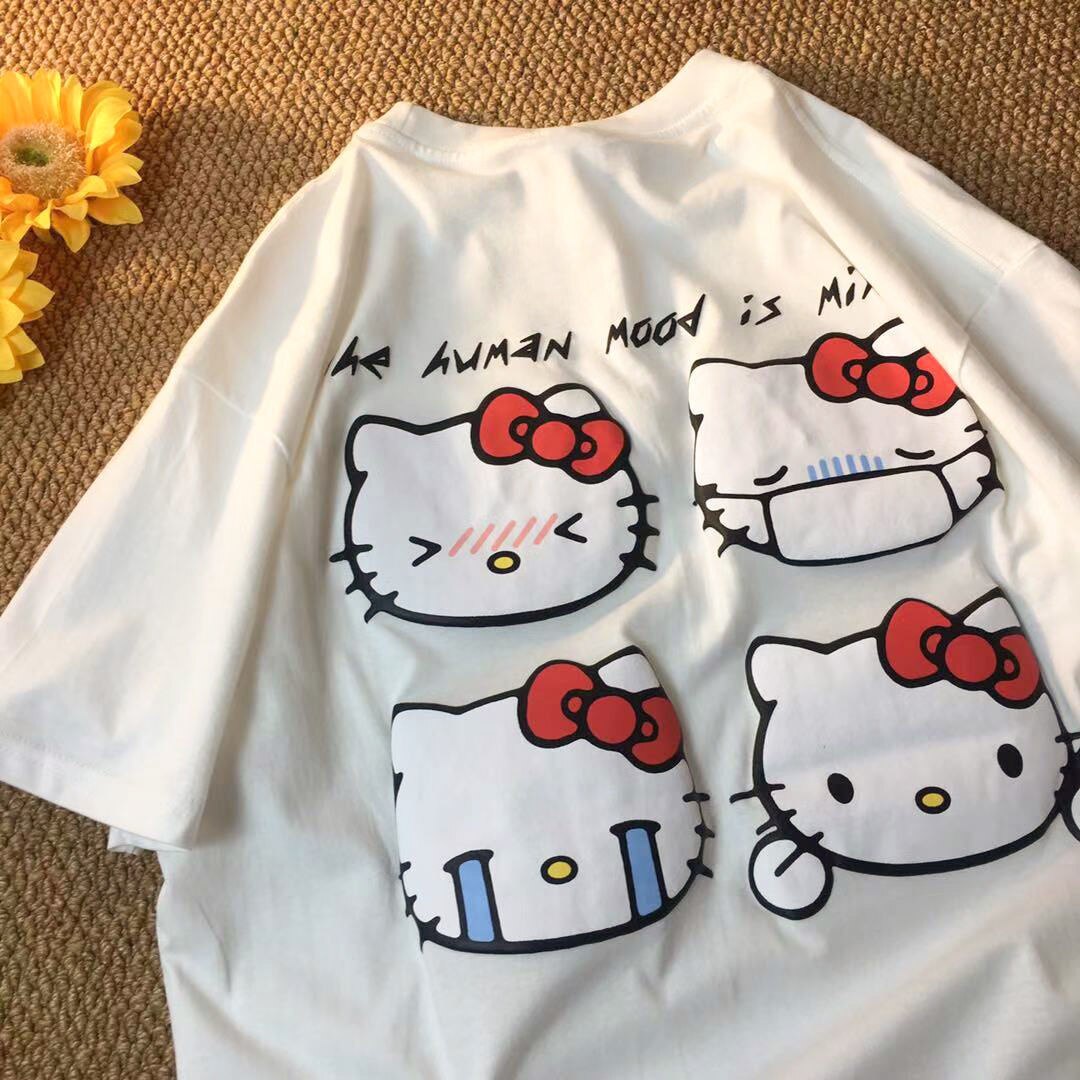Sanrio Summer New Short Sleeve Oversize Tshirt Top Female Hello Kitty Cartoon Aesthetic Japanese Style Kawaii Clothing For Women