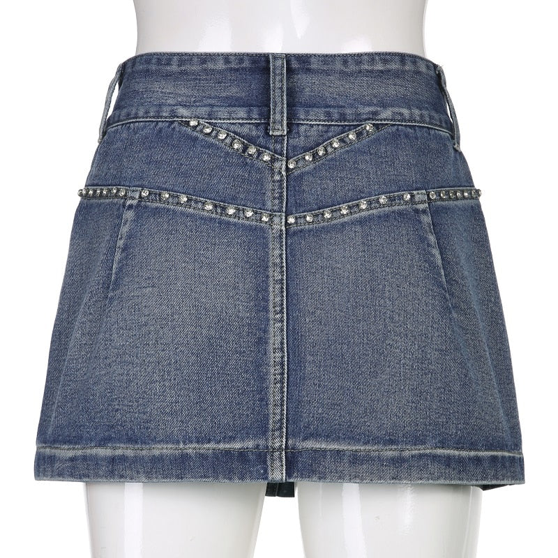 Vintage Diamonds Denim Mini Skirts Y2K Aesthetic Kawaii Low Rise Skinny Wrap Bodycon Jeans Penceil Skirt Women Streetwear