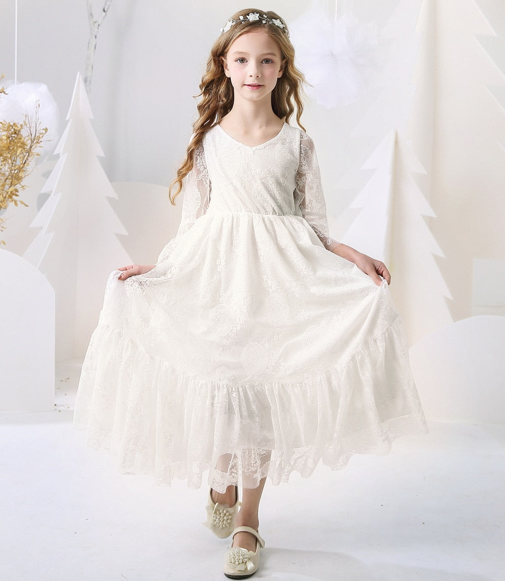 Princess Girls Lace Chiffon Long Dresses Kids Flower Girl Wedding Dress Summer Boho Birthday Party Wedding Dress For 2-14 Years