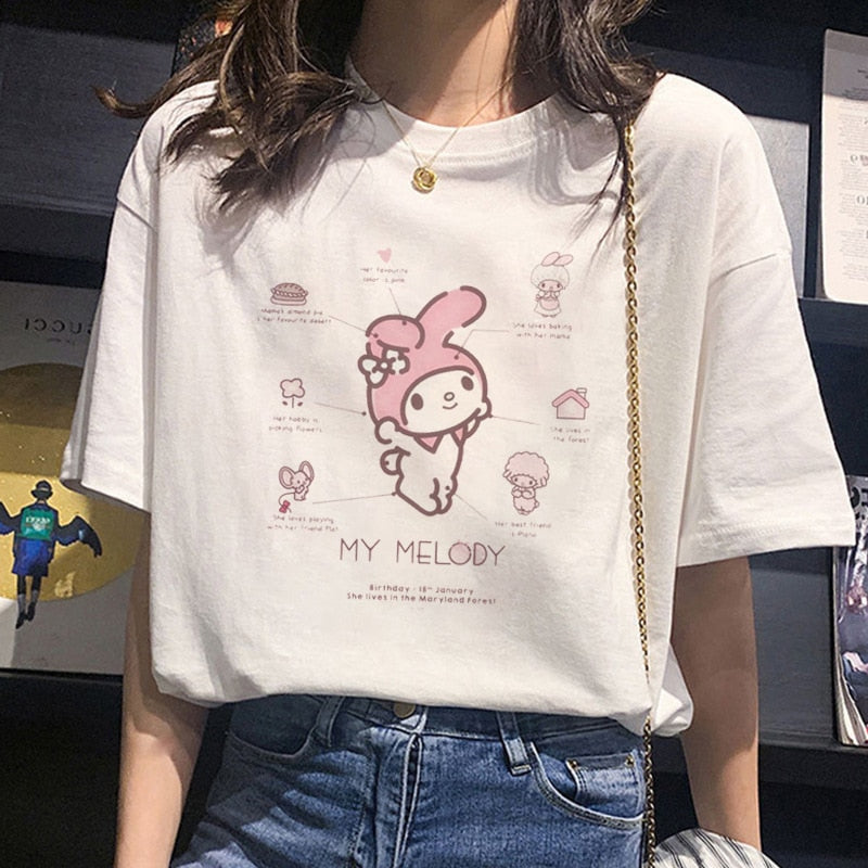 Kawaii Sanrioed Short Sleeve Kuromi Cinnamoroll My Melody Cute Cartoon Cotton Short Sleeve T-Shirt White Loose Top Gift