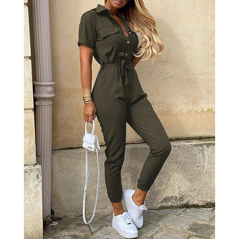 Overalls for Women New Casual Lapel Lace-up Print Belt Work Jumpsuit Women One Pieces Bodysuit Women Chic and Elegant Jumpsuits