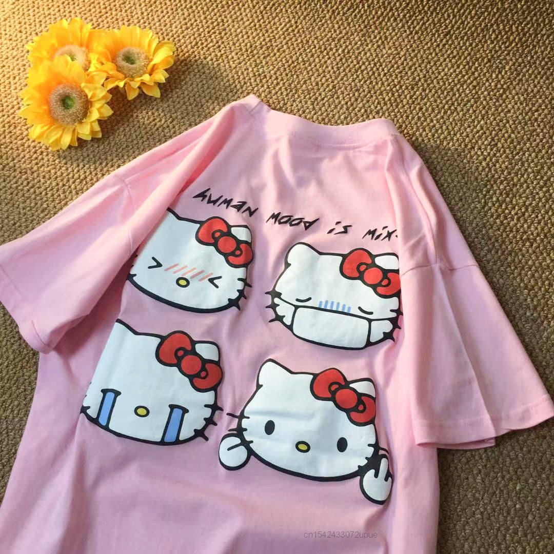 Sanrio Summer New Short Sleeve Oversize Tshirt Top Female Hello Kitty Cartoon Aesthetic Japanese Style Kawaii Clothing For Women