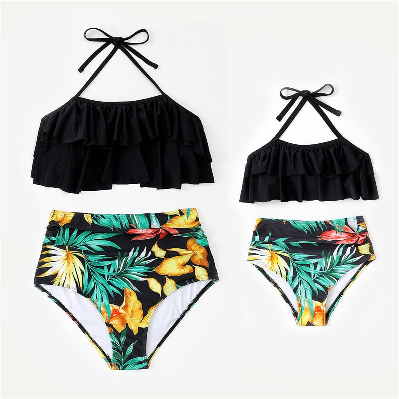 PalmTree Mother Daughter Matching Swimsuits Family Set Ruffled Mommy and Me Dresses Clothes HighWaist Women Girls Swimwear 2023