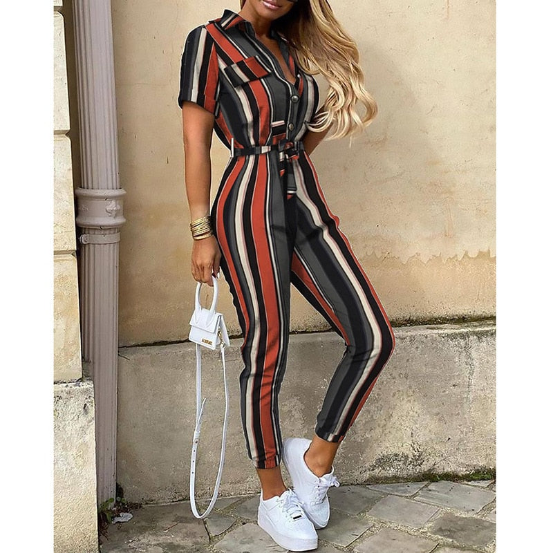 Overalls for Women New Casual Lapel Lace-up Print Belt Work Jumpsuit Women One Pieces Bodysuit Women Chic and Elegant Jumpsuits