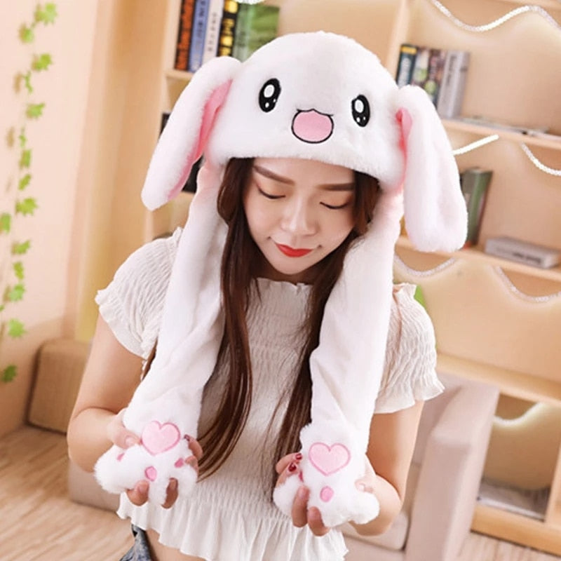 Cute Bunny Ears Hat Moving Pikachu Rabbit Soft Jumping Up Cap Funny Toy Girls Cartoon Kawaii Plush Hat Toys Gift for Adult Kids