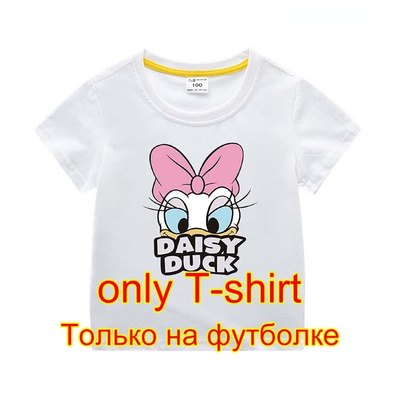 Disney Girls Outfits Cartoon Donald Duck Sets Printed Summer Shirt Broken Hole Denim Shorts Girl Clothing Set Children Clothes