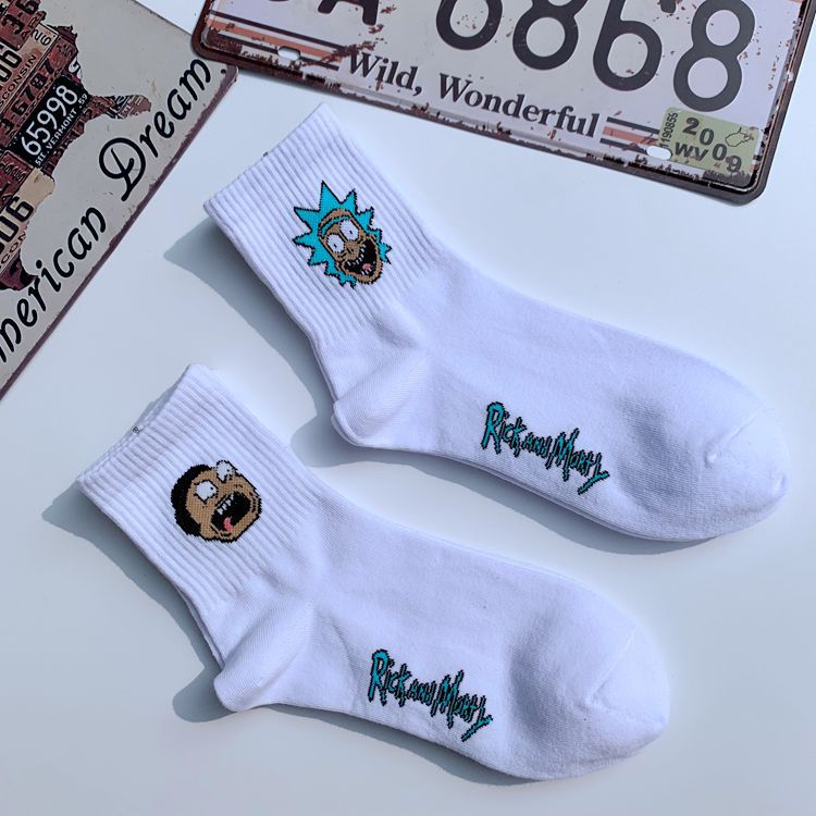 Anime Rick Socks Men's Funny Cartoon Mid-calf Men and Women Street Letters Hip-hop Sports Skateboarding Cute White Socks
