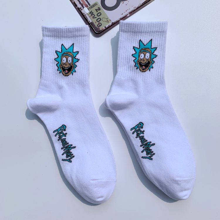 Anime Rick Socks Men's Funny Cartoon Mid-calf Men and Women Street Letters Hip-hop Sports Skateboarding Cute White Socks